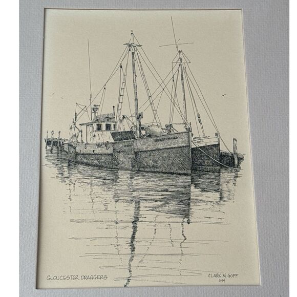 Clark M Goff 1974 Pen Ink Art Gloucester MA Draggers Harbor Scene Vintage - Picture 3 of 5